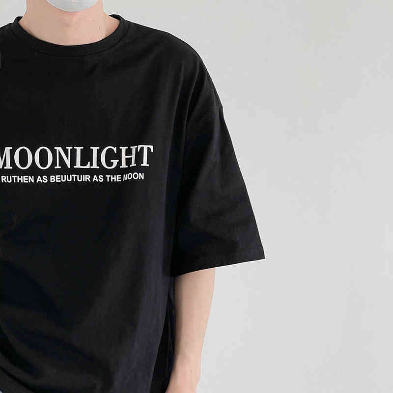 IEFB Black Short Sleeve Men's T-shirt Round Neck Loose Letter Print Simple Casual Korean Trend Black Tee Tops Summer 9Y7589 210524