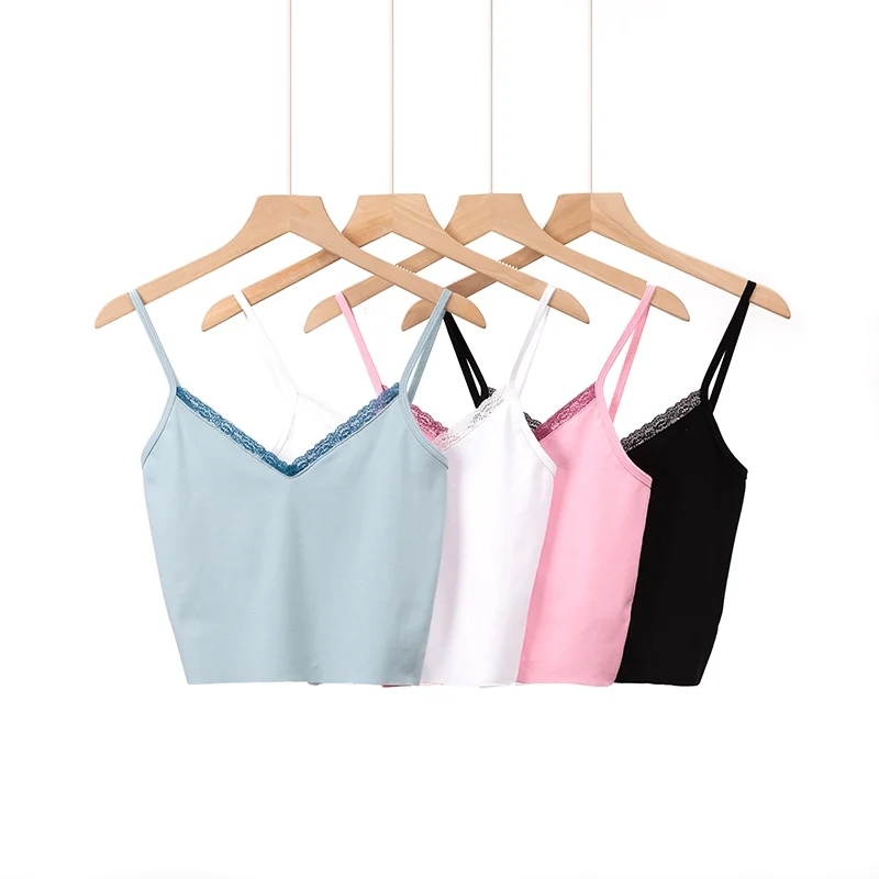 Sexy V-neck Lace Cami Top summer crop rop casual white blue croped tank top women lace tee 210521