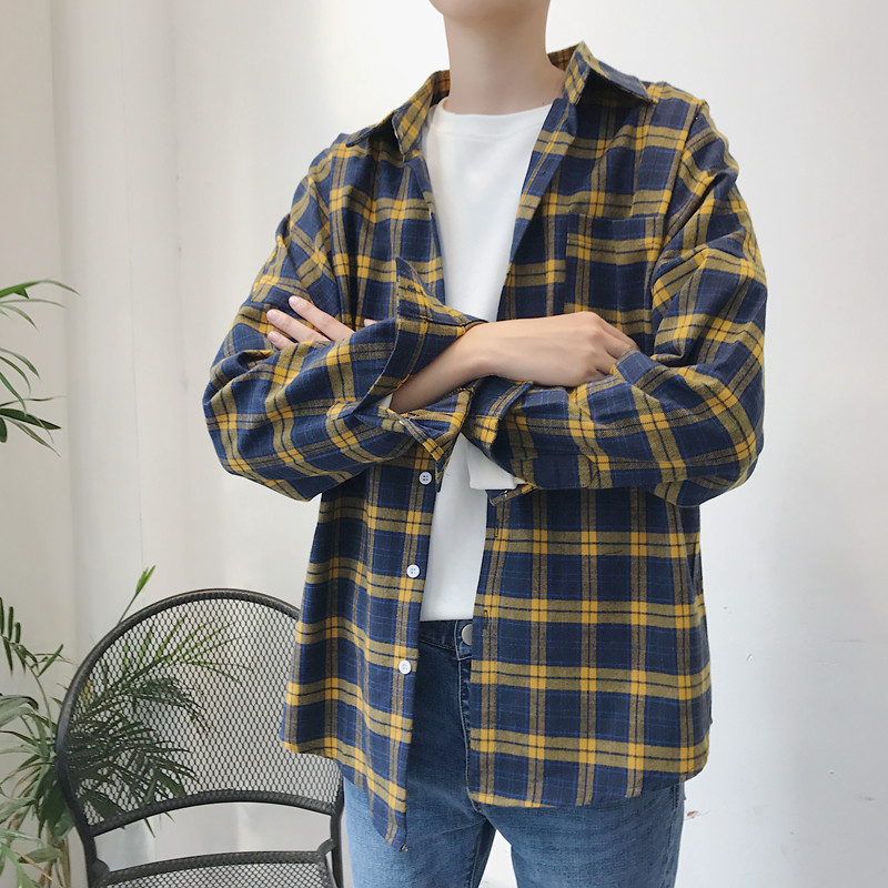 Stylish Men's Plaid Long Sleeve Slim Shirt Casual Black/Yellow French Cuff