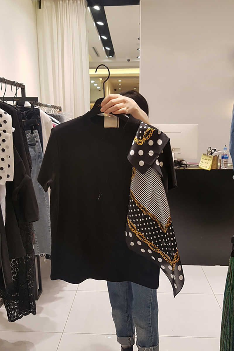 Korea Women Spring and Summer Fashion Wave Point Silk Scarf Splicing O Neck Short Sleeve Women's T Shirts 210615