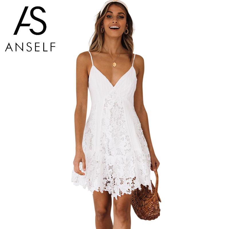 Anself Sexy Women Lace Slip Dress V Neck Spaghetti Strap Crochet Short Summer Sleeveless Mini White Casual Dresses