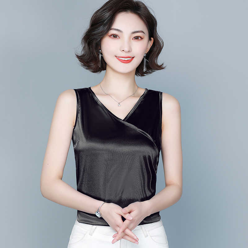Korean Women Blouses Shirts for Woman Solid Satin V-Neck Chiffon Sleeveless s Tops 210604