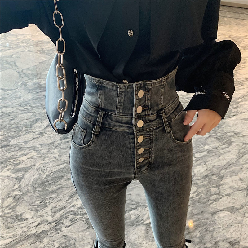 Kog791 Lemon Yellow Double-Breasted Ultra High Waist Jeans New Female Feet Pants Show Grey Bootcut Pencil Pants Han Ed