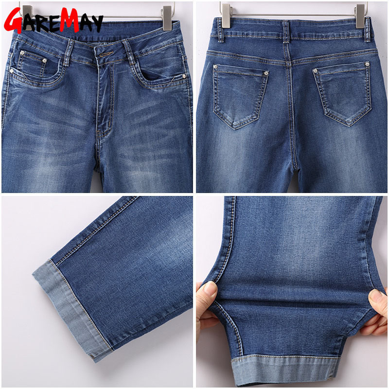 Plus Size Skinny Capris Jeans Woman Female Stretch Knee Length Denim Shorts Pants Women With High Waist Summer 210428