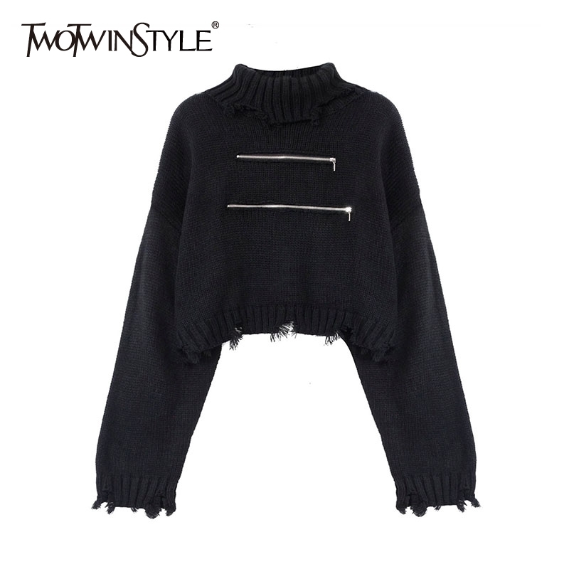 Loose Hole Short Sweater For Female Turtleneck Long Sleeve Patchwork Zipper Black Knitted Top Autumn 210524
Loose Hole Short Sweater For Female Turtleneck Long Sleeve Patchwork Zipper Black Knitted Top Autumn 210524