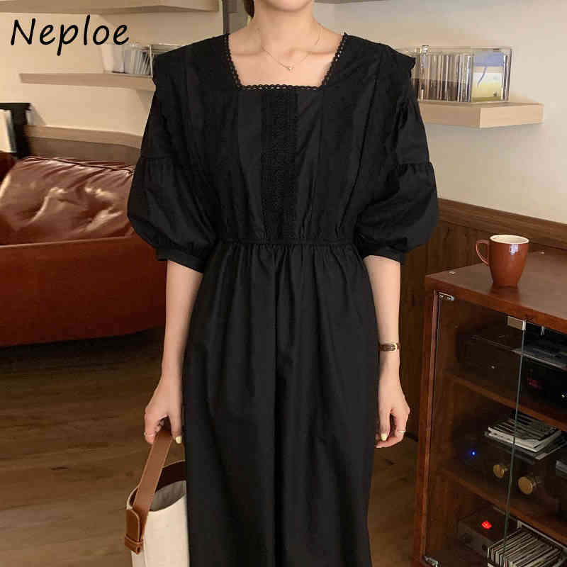 Court Style Lace Hook Flower Dress Women High Waist Hip A Line Long Vestidos Square Collar Sleeve Robe Spring 210422