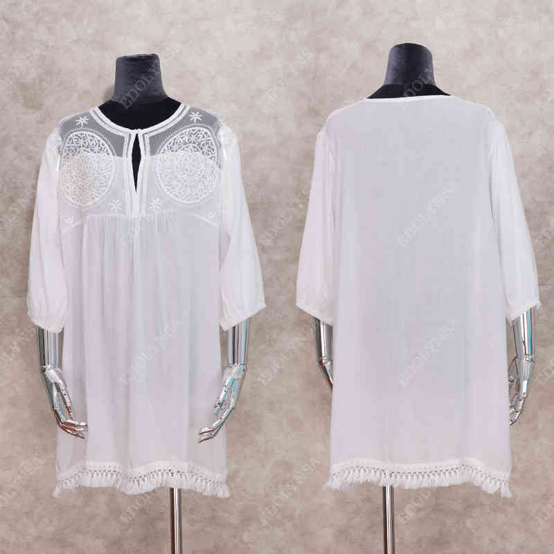 Embroidery Bikini Cover Up Tassel Swimsuit Beach Dress Women Summer Ladies Cover-Ups Bathing Suit Wear Tunic #Q611 210420