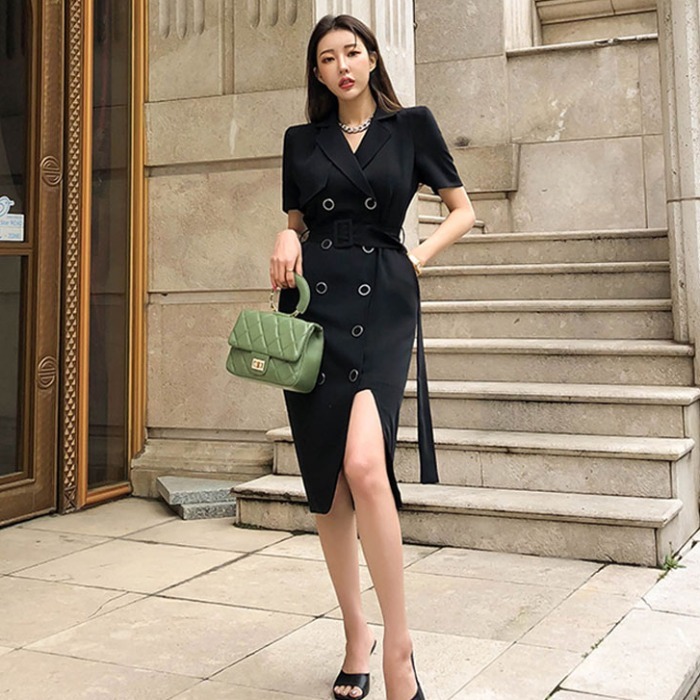 Summer Elegant Wear to Work vestidos Business Party Bodycon Office Lady Women double-breasted Sheath Dress 210519