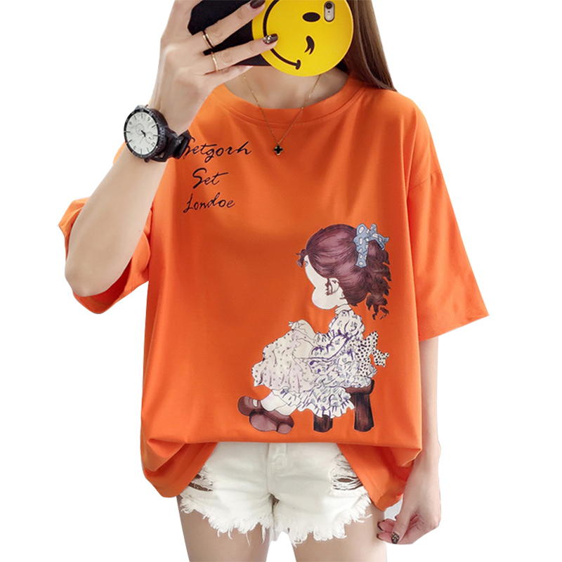 Short Sleeve Simple Cotton black red Tshirt Lady Plus Size Women's Loose Cartoon T-shirt Youth Cotton Casual Tshirt 210406