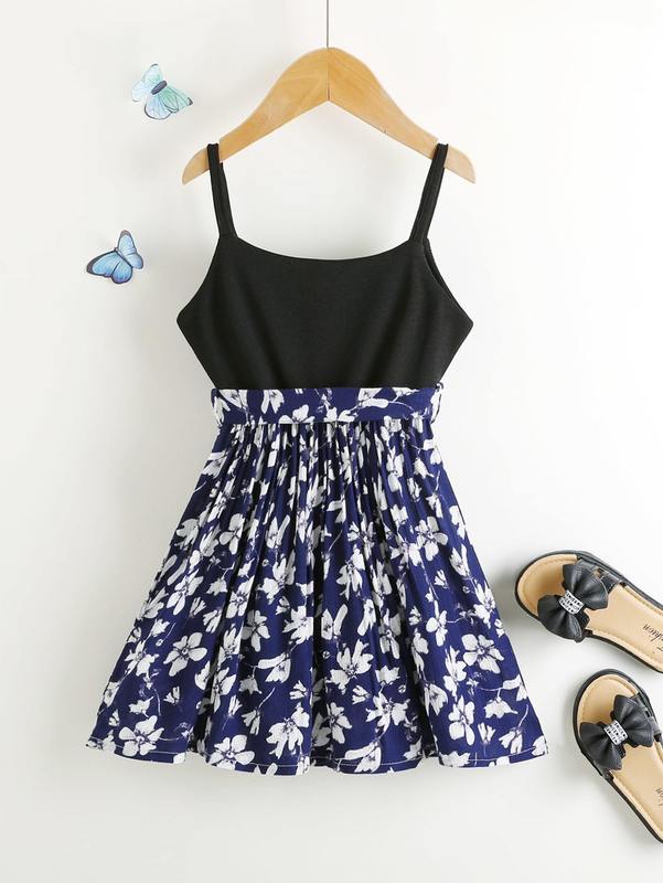 Toddler Girls Floral Print Butterfly Embroidery Belted Cami Dress SHE