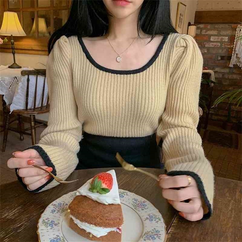 Autumn Fashion Women Square Collar Cropped Sweater Female Korean Chic Elegant Umpers Knitted Pullover Pull Femme 210519