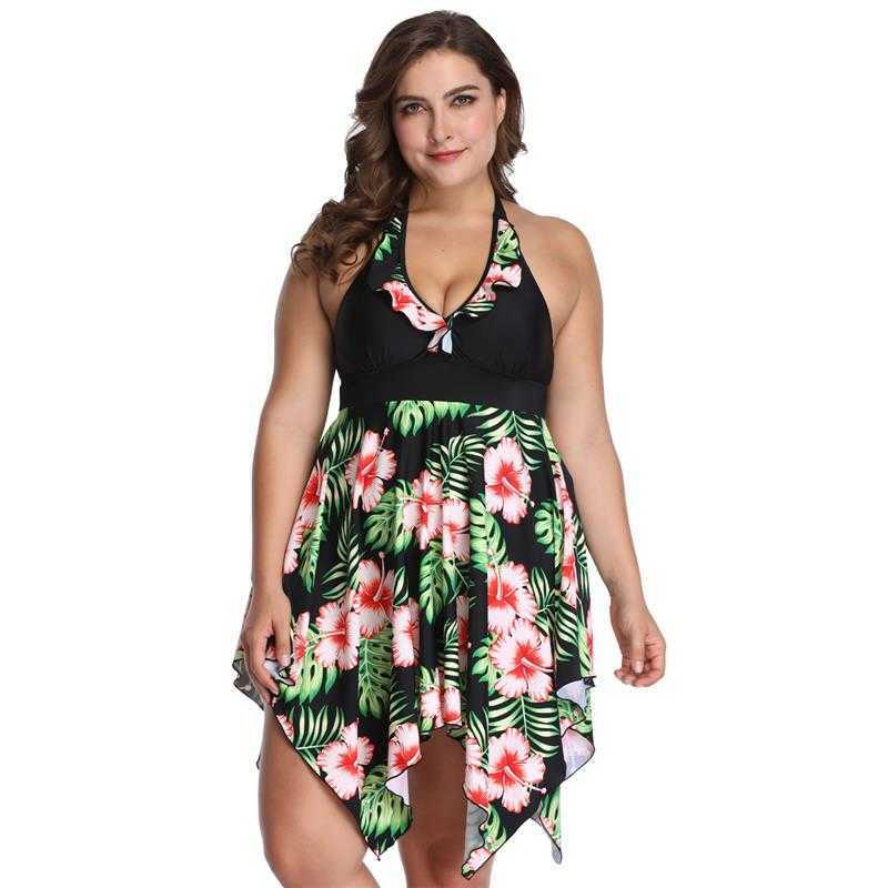 Plus Size Swimsuit Tankini Set Swimwear 6XL Women Swim 2 Piece Print Large Big Breasts Halter Bathing Suit Beachwear Swimdress 210625