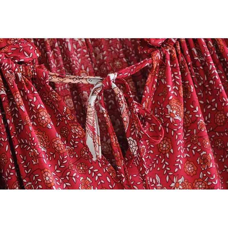 Bohemia Lacing up Bandage Wood Ear V Neck Floral Print Long Sleeve Dress Holiday Hippie Women Loose Straight Short Dresses 210429