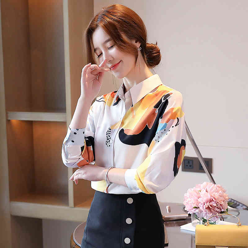 Autumn Chiffon Flower Print Shirt Women's Plus Size Ladies Tops Office Loose Long-Sleeve Cardigan Women Blouse 11128 210427