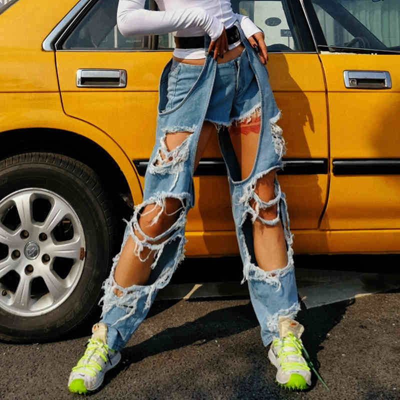 Ripped Hole Irregular Women's Straigth Pants High Waist Asymmetrical Tassel Full Length Pant For Female Fashion 210521