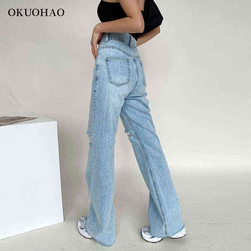 Women's Fashion Jeans High Waist Ripped Wide Leg Loose Denim Trousers For Female Baggy Mom Straight Pants Casual Y2k Jean 211129