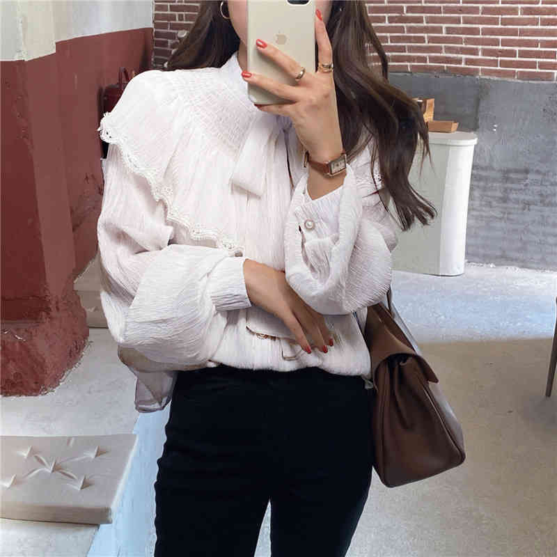 QOERLIN Chic Temperament Lotus Sleeve Bowtie Long Sleeve Shirt Women Pleated Chiffon Shirt Tops Mesh Sexy See Through Tops Shirt 210412