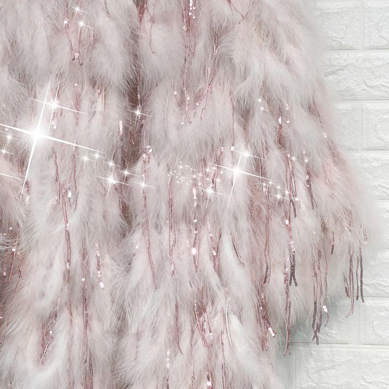 Women's Fur & Faux 2021 Fall Winter Jacket Women Fashion Sequins Tassel Imitation Ostrich Feathers Luxurious Outerwear Ladies Coat Ins