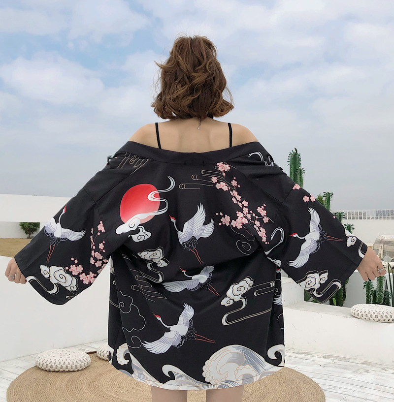 Yukata Female Kimono Cardigan Shirt Harajuku Crane Prtint Blusas Woman Blouse Obi Haori Japanese Streetwear Summer 210519