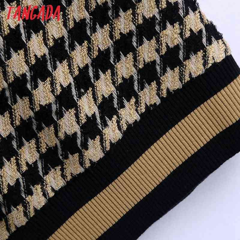 Women Fashion Jacquard Check Knitted Vest Sweater Vintage V Neck Sleeveless Female Waistcoat Chic Tops BE454 210416