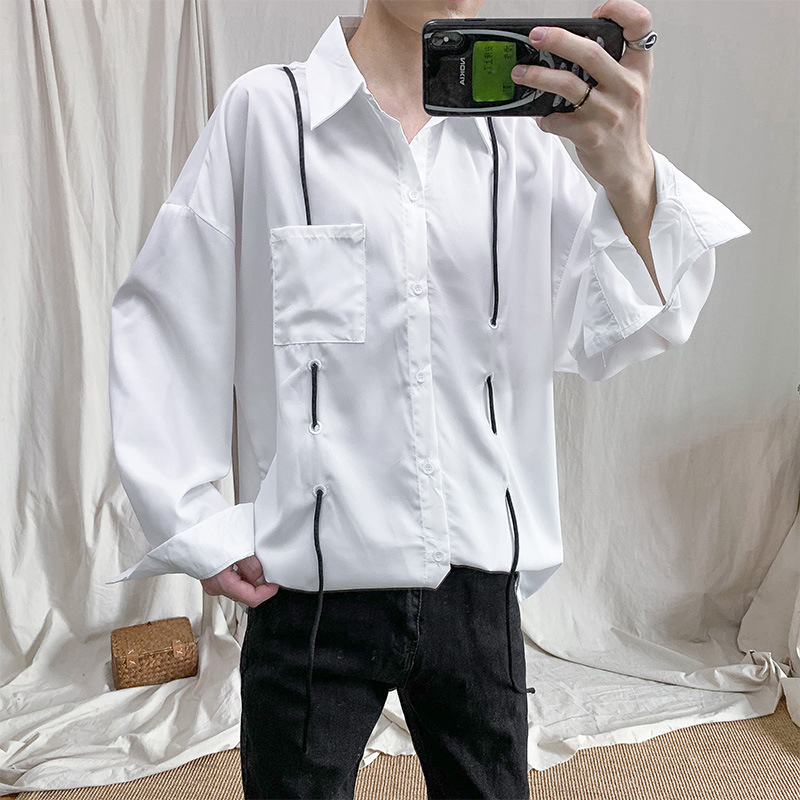 IEFB /men's wear korean oversize Shirt male Spring fashion drawstring loose long sleeve solid color tops 9Y1959 210524
