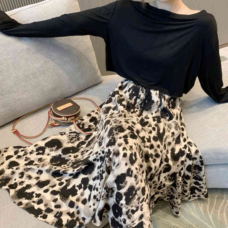 Skirts Vintage Chic Korean Loose Big Swing A Line High Waist Leopard Print Skirt Women Chiffon Faldas Mujer Summer Fashion Wild 210429