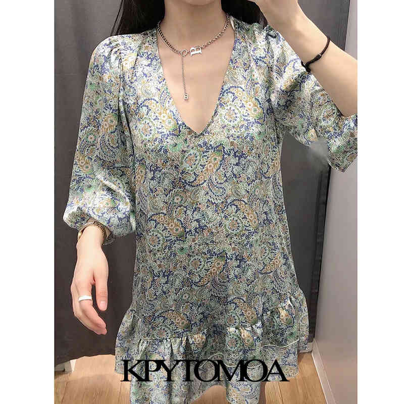 Women Chic Fashion Paisley Print Ruffled Mini Dress V Neck Three Quarter Sleeve Female Dresses Vestidos 210420