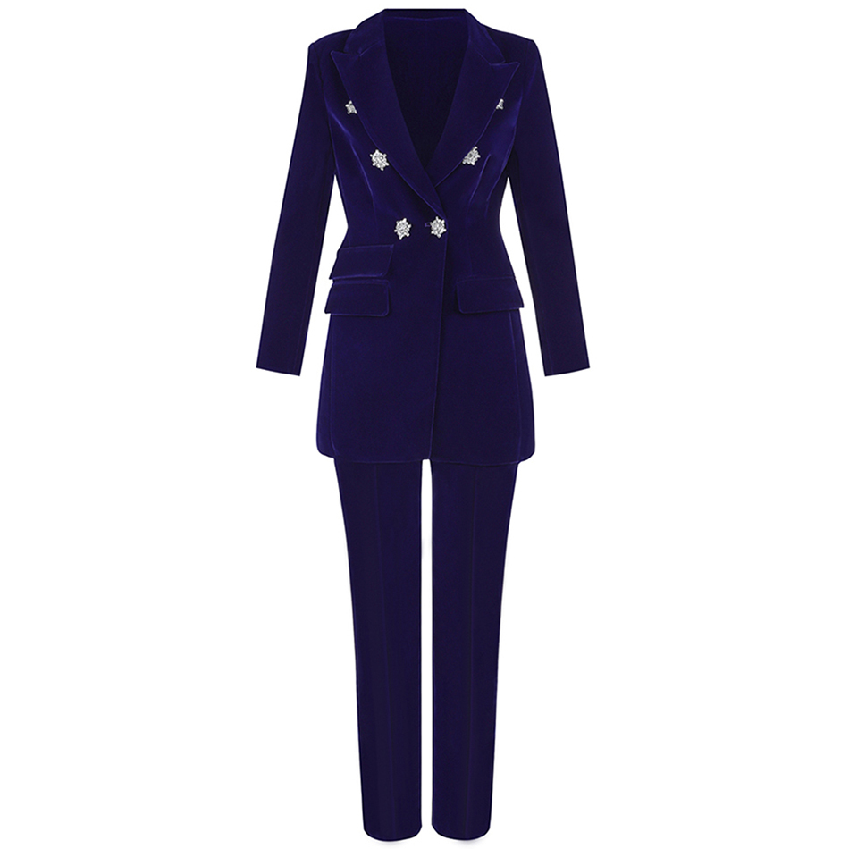 Aummer Women'S Two-Piece Dark Blue Velvet Crystal Diamond Buckle Long-Sleeved Jacket + Pants Set 210525