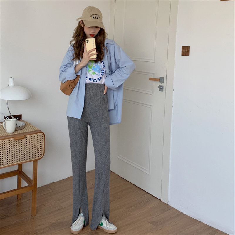 Korean Slim High Waist Stylish Women Streetwear All Match Casual Office Lady Trousers Chic Split Boot Cut Solid Pants 210421