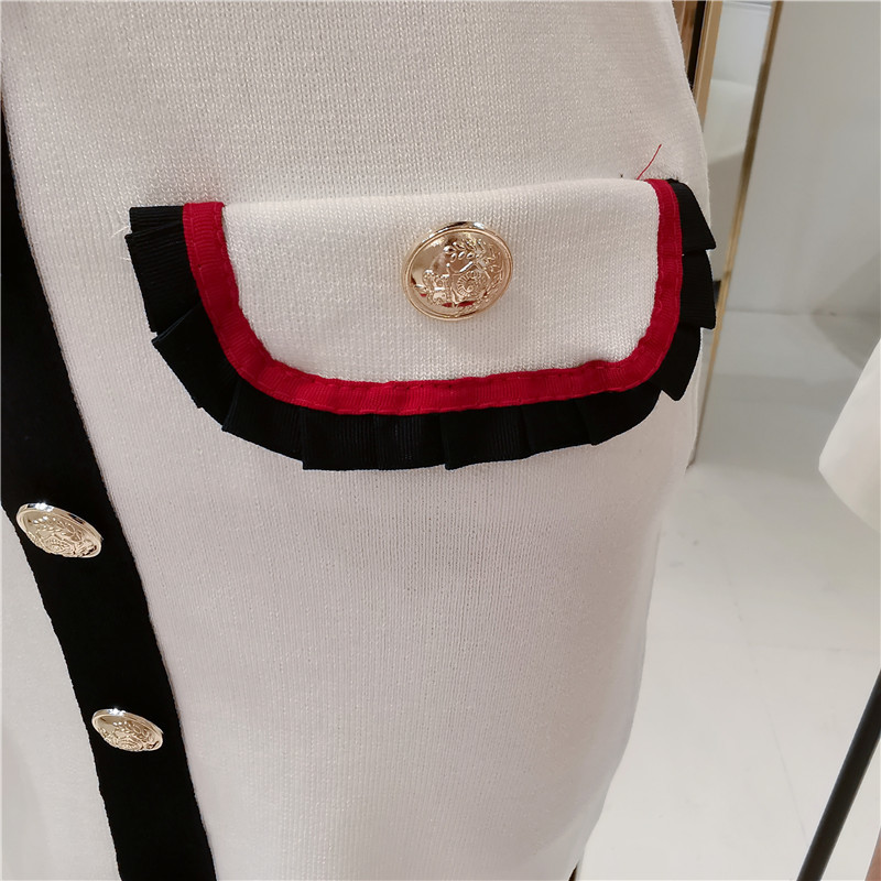 Summer Women Runway Turn-down Collar Striped Knitted Tops Short Sleeve Sweater + Gold Buttons Mini Pencil Skirt Set 210515