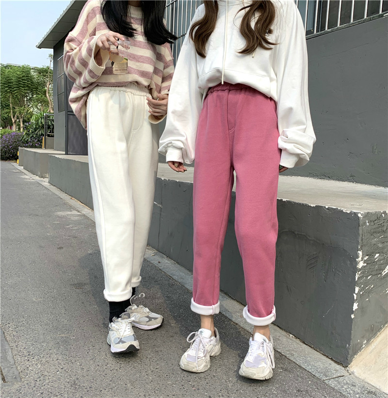 Nomikuma Autumn New Women Pants Plus Velet Causal Stretch High Waist Trousers Femme Korean Solid Long Thicken Pants 6C796 210427