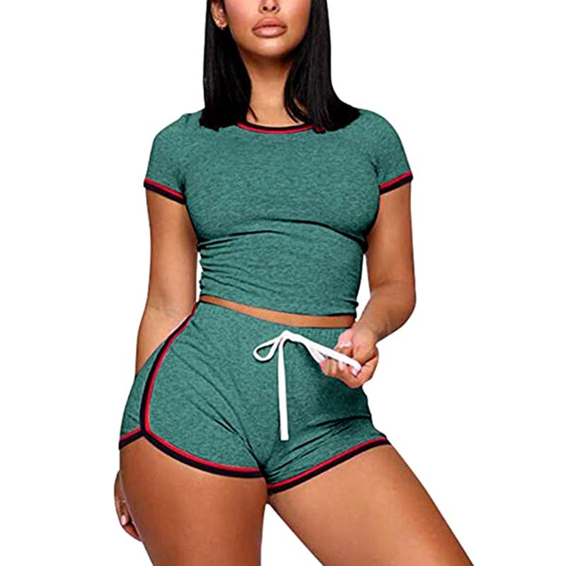 Casual Women Summer 2PCS Striped Yoga Set Girls Short Sleeve Top+Elastic Waist Fitness Shorts Exercise Running Gym Sports Sets Women's Track