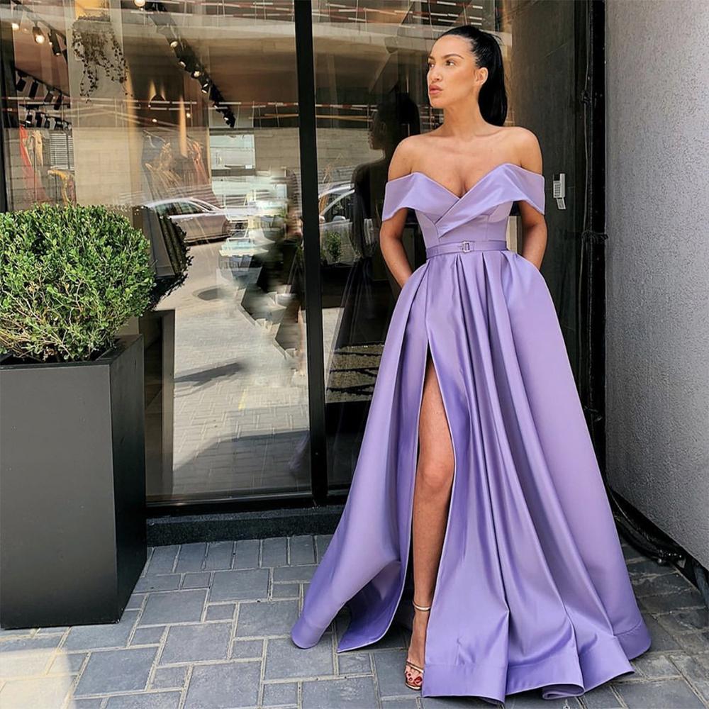 Sexy A Line Prom Dresses Off Shoulder High Side Split Long Satin Evening Gowns For Girls Light Yellow Pageant Dress Special Occasion