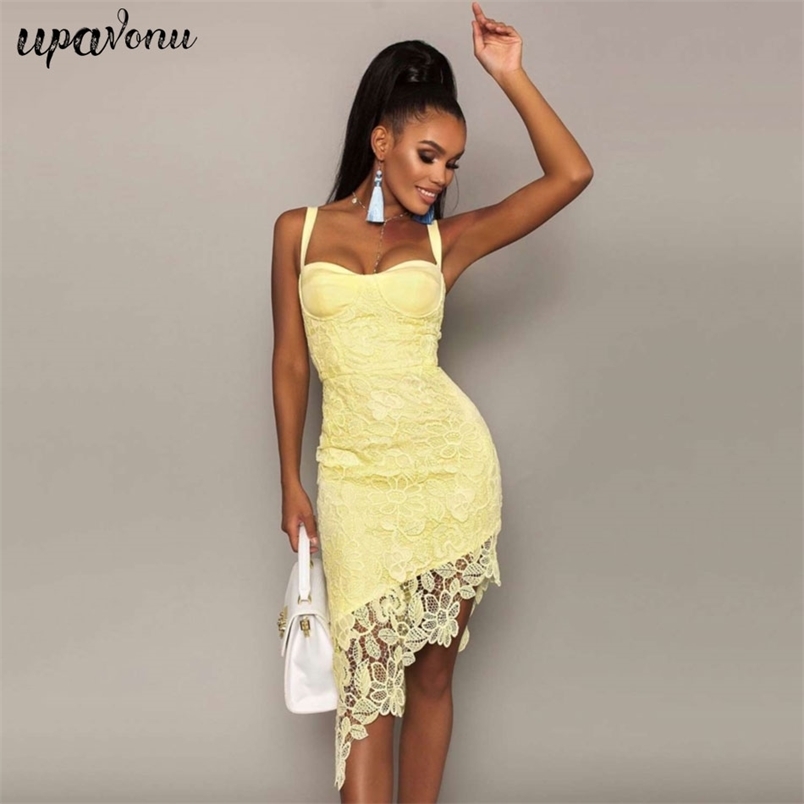 Free Women Bandage Dress Strap Sleeveless Lace Stitching Irregular Bodycon Party Sexy Club Vestido 210524