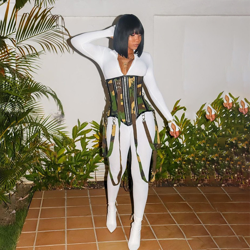 NewAsia Corset Top Fashion Strapless Sleeveless Zipper Camouflage Print Belt Bodycon off Shoulder Blouse Women Sexy Club Outfits 210413