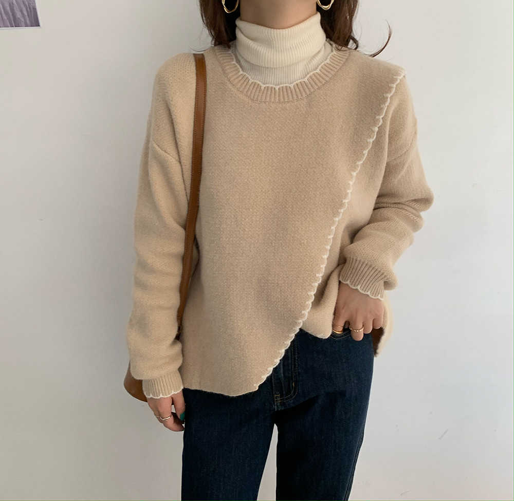 Qooth Winter Autumn Women Plain Color Long Sleeve Sweater Pullovers Warm Knitted Loose Split Short Jumper QT316 210609