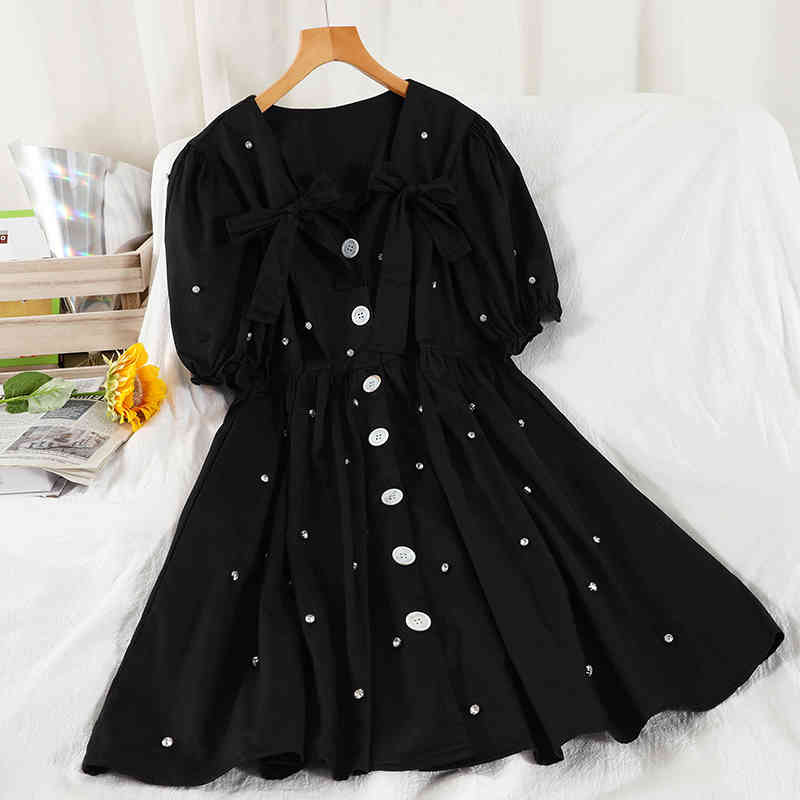 LoveFlowerLife Summer Casual Single Breasted Dress A Line Puff Sleeve Button High Waist Mid-Calf Women Dresses 210521