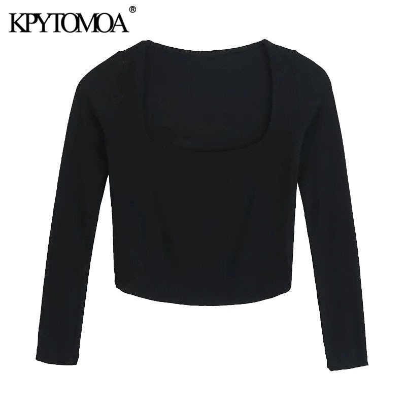 Women Chic Fashion Fitted Cropped Knitted T-Shirt Vintage Square Collar Long Sleeve Female Tops Mujer 210416