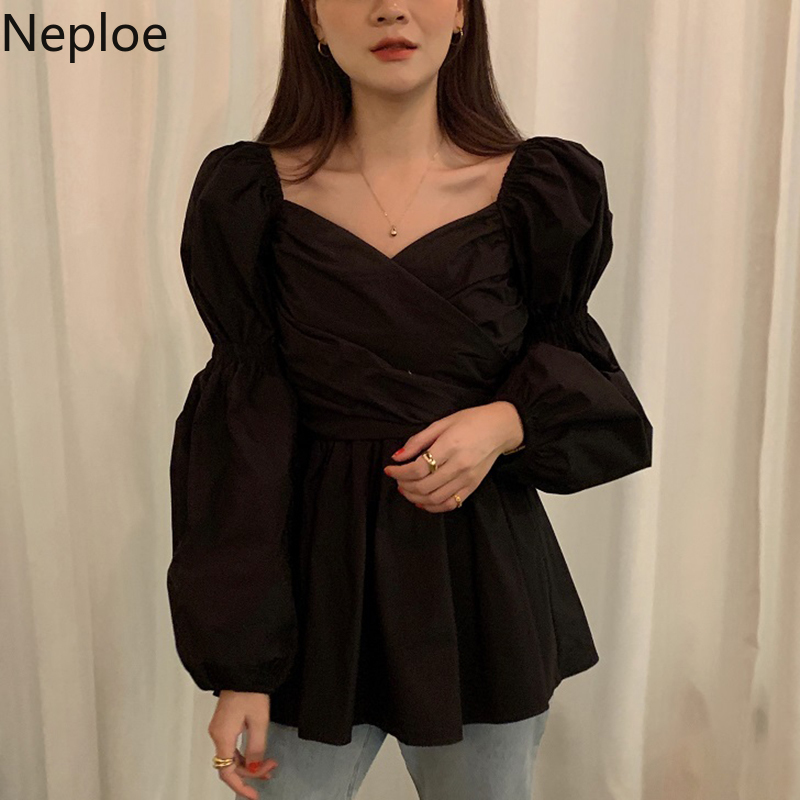 Neploe Chic Vintage Blouses Women V-neck Cross Pleated Shirt Slim Waist Sweet Puff Sleeve Blousse Tops Korean Elegant Blusas 210422