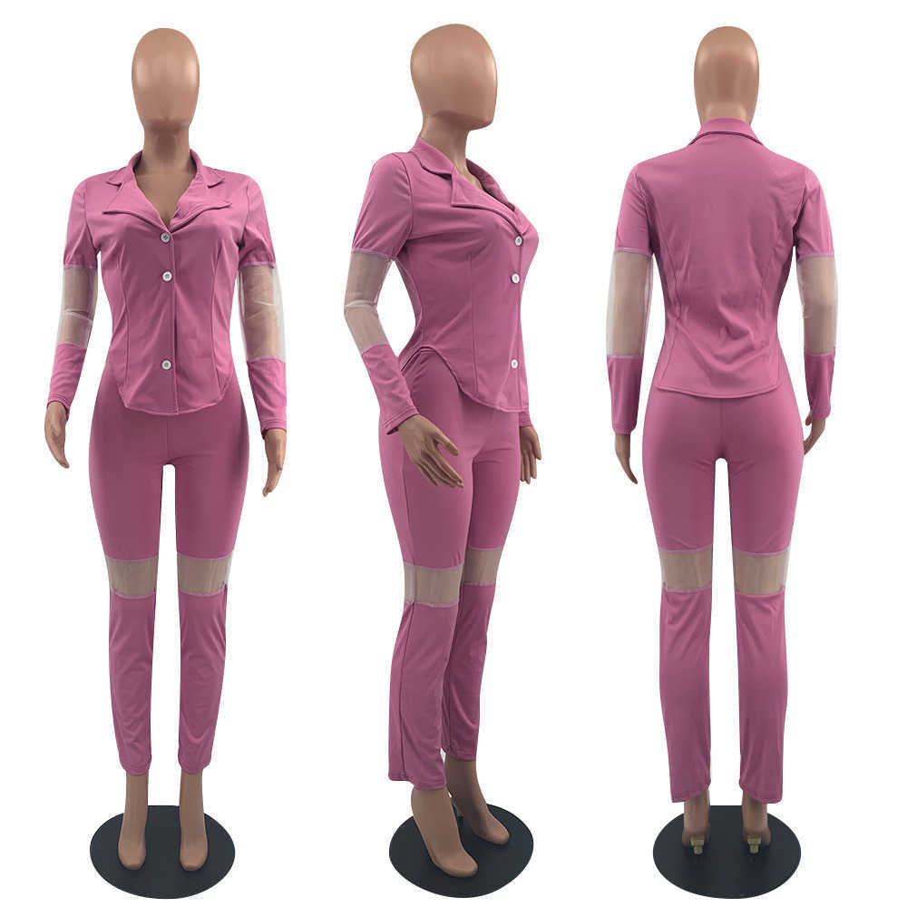 Fashion Women Suits Office Sets Elegant Turn Down Neck Long Sleeve Blazer Patchwork Pant Lady Set 210930