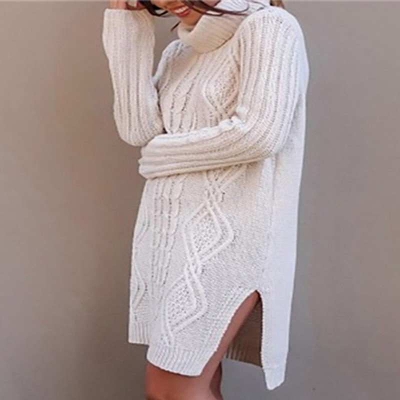 Woman Pullovers Winter Long Slit Twisted Turtleneck Sweater Sleeve Women Dress Knit Korean Plus Size 210428