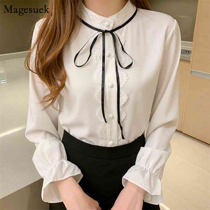 Fashion Autumn Long Sleeve White Womens Blouses Bow Tie Sweet Slim Shirt All-match Casual 10780 210512