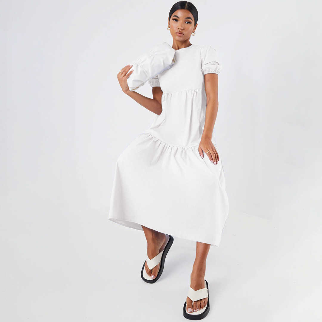 Women O-neck Short Sleeve Loose Style Solid Color Midi Dress 210702