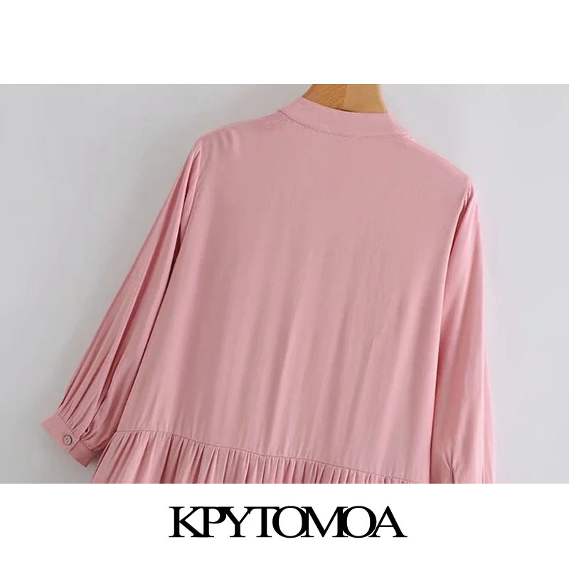 Women Chic Fashion Button-up Loose Mini Dress V Neck Three Quarter Sleeves Female Dresses Vestidos Mujer 210420