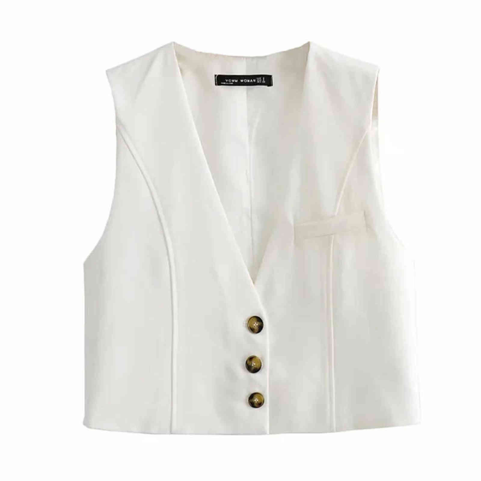 XEASY Women Elegant White Streetwear Sleeveless Short Vest Female Vintage Slim V-Neck Single-breasted Casual Waistcoat 211120