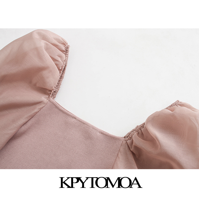 Women Sweet Fashion Patchwork Organza Knitted Blouses See Through Sleeve Stretch Female Shirts Chic Tops 210420