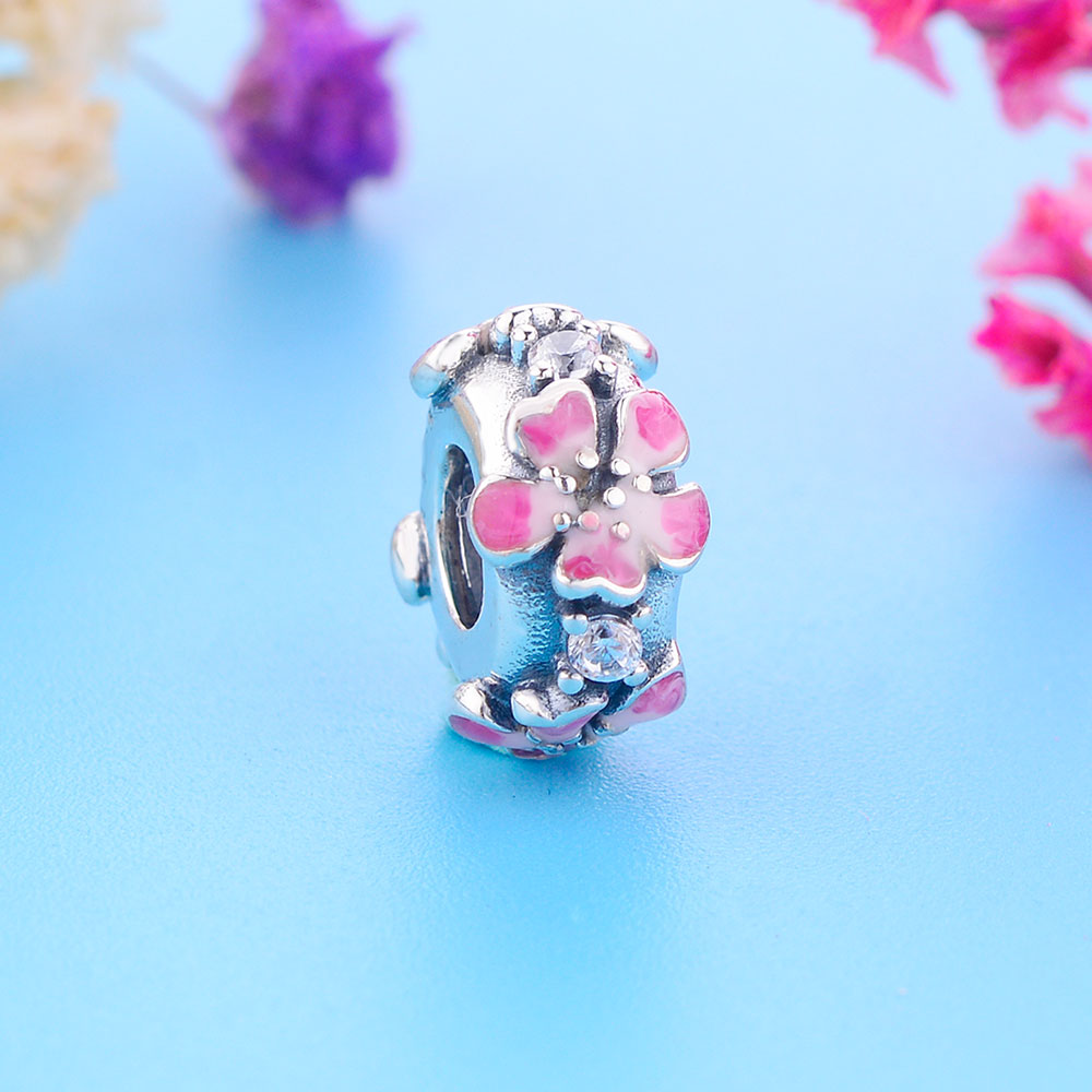 Fit Original Pan Charm Bracelet Authentic 925 Silver Pink Enamel Flower Spacer Bead For Making Women Summer Berloque