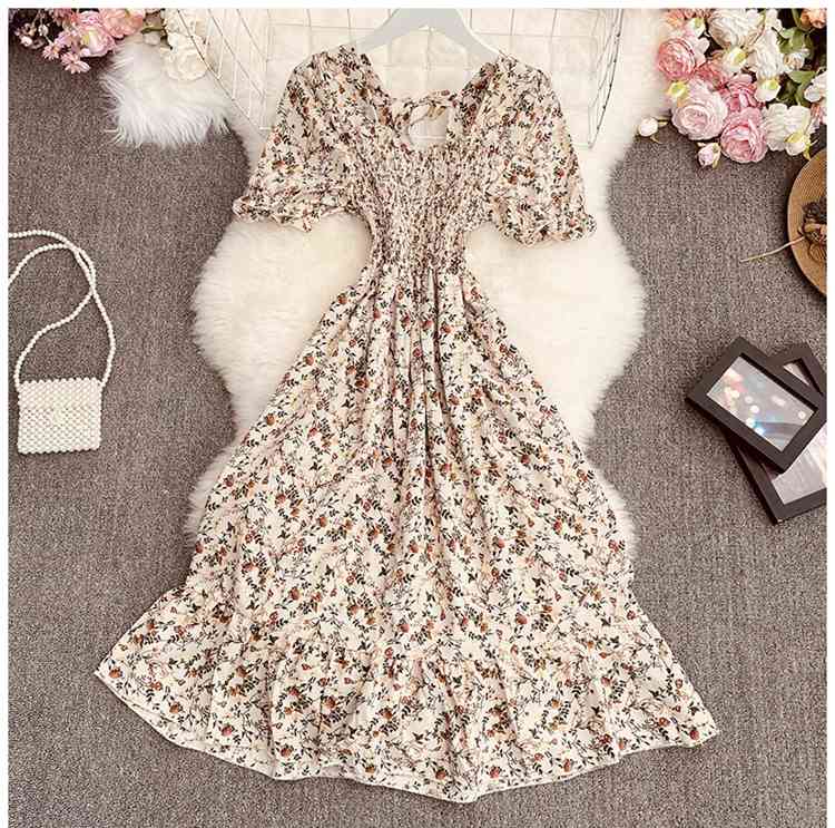 Summer Dress Women Vintage High Waist Floral Print Elegant Short Sleeve Dresses Ruffles Maxi Korean Vestidos 210519