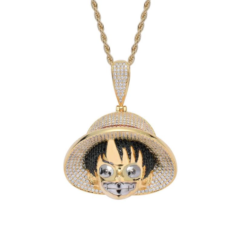 Pendant Necklaces Hip Hop Full CZ Stone Paved Bling Out Cartoon One Piece Luffy Pendants Necklace For Men Rapper Jewelry Gold Color
Pendant Necklaces Hip Hop Full CZ Stone Paved Bling Out Cartoon One Piece Luffy Pendants Necklace For Men Rapper Jewelry Gold Color