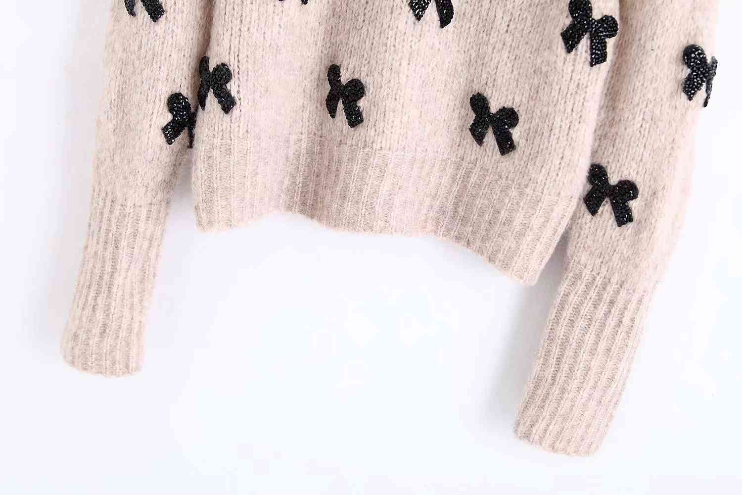 Elegant Bow Tie Appliques Knitted Sweater Women Pullovers O Neck Long Sleeve womens sweaters winter Chic Tops 210521
